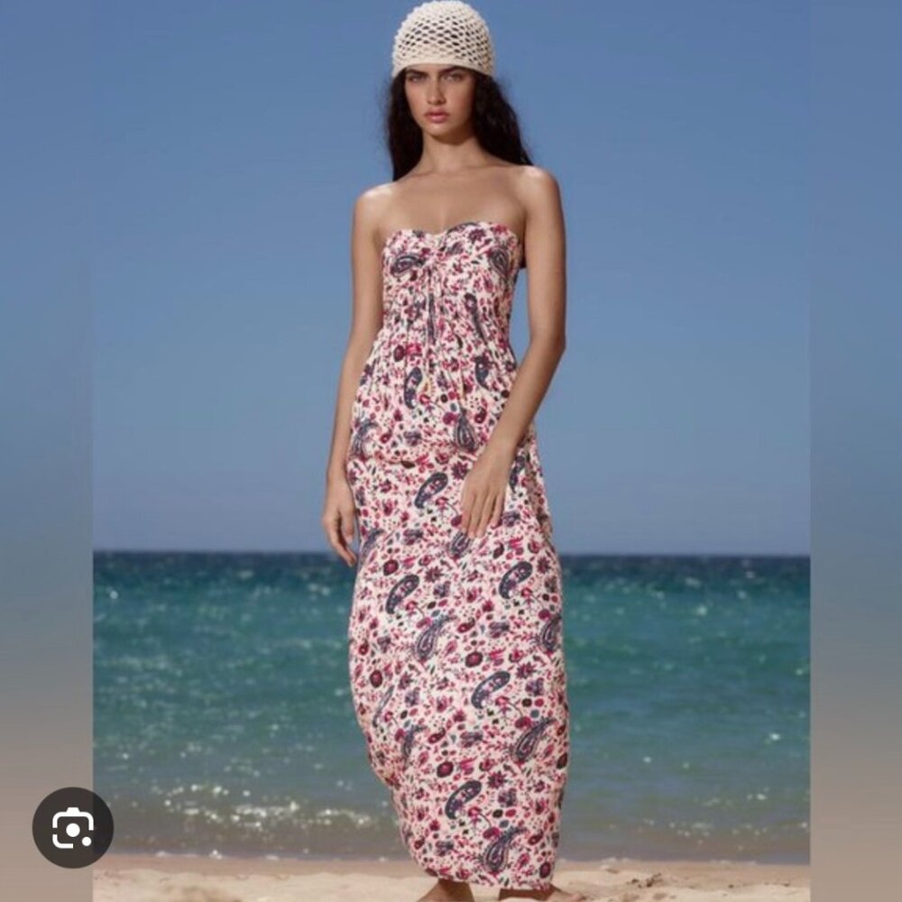 ZARA Boho Strapless Paisley Floral Print Maxi 100% Viscose Dress Sz M